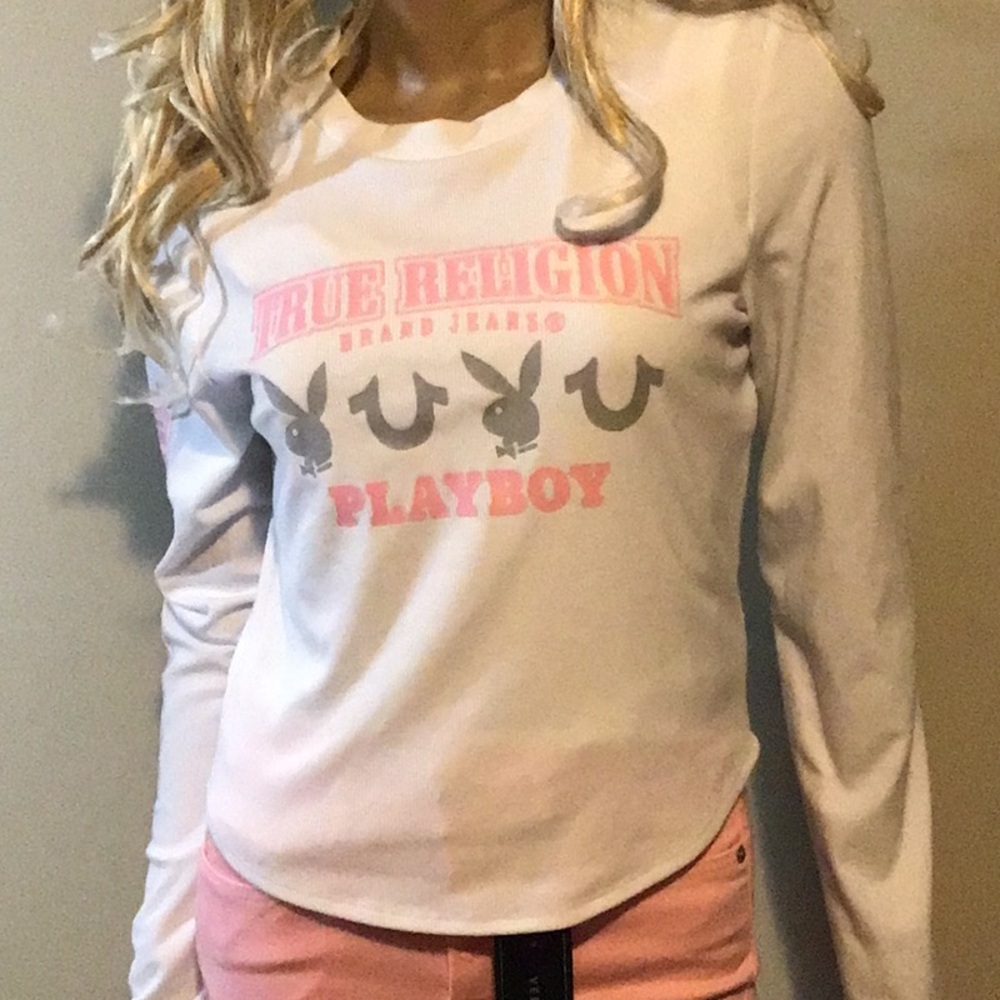 True Religion Long Sleeve Playboy Logo Tee in White and Pink